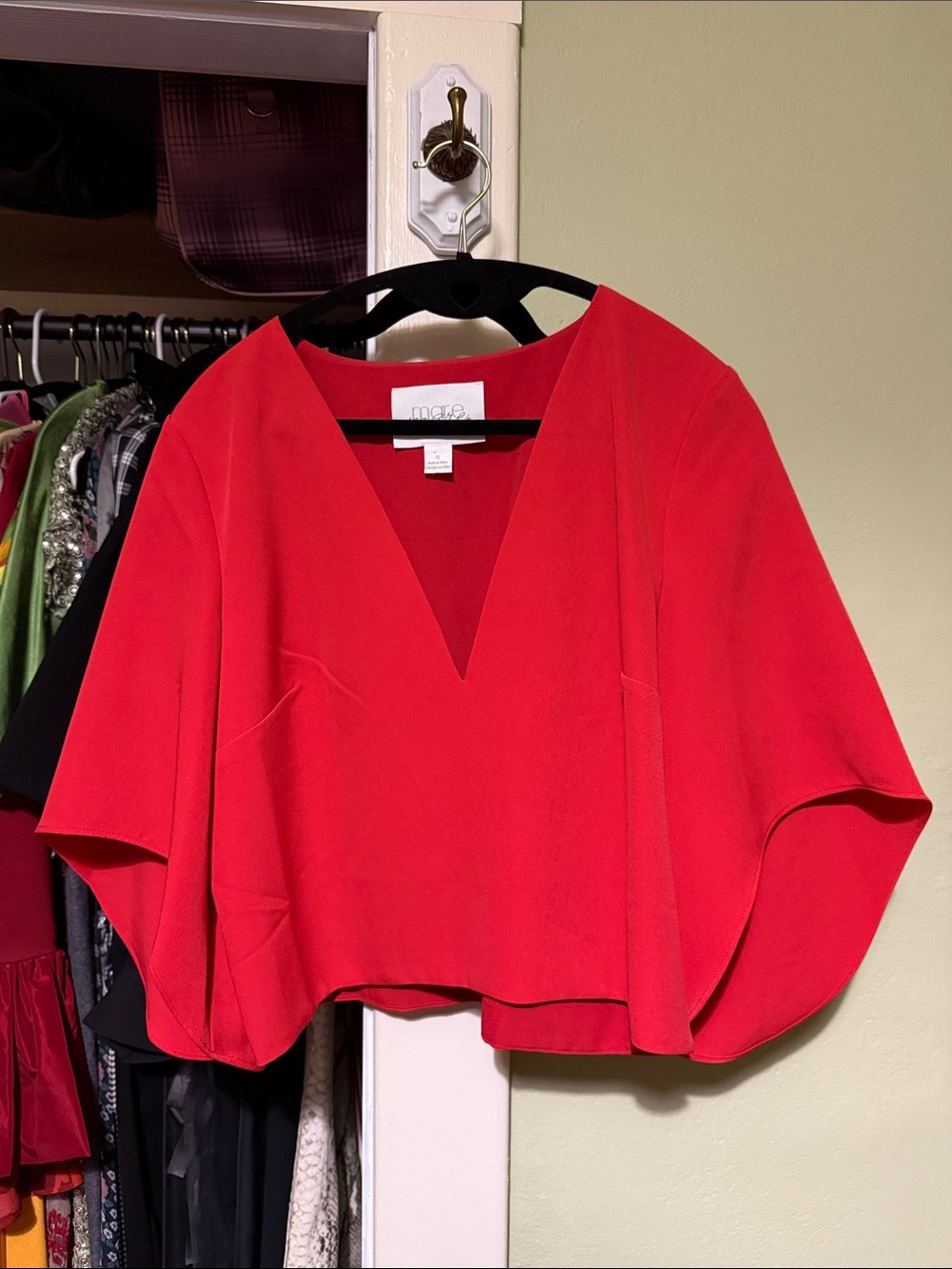 Bright Red V-Neck Cape Sleeve Blouse
